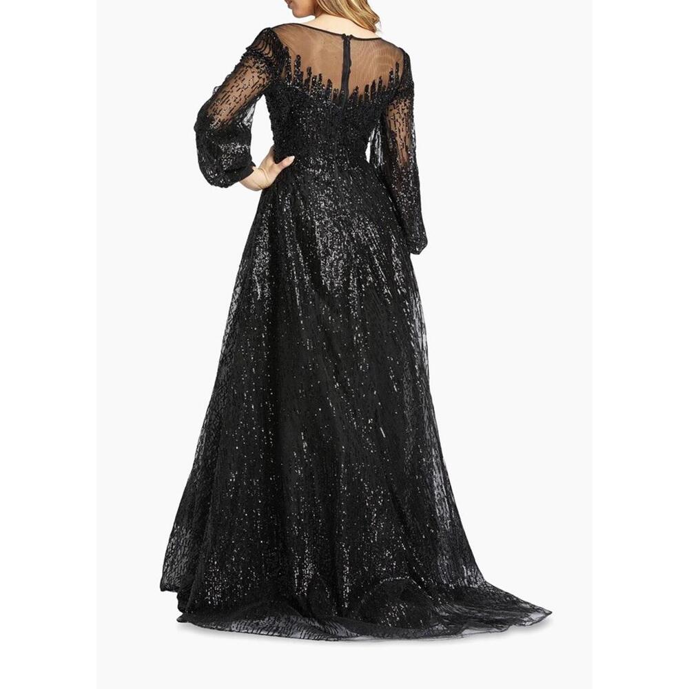 New Mac Duggal Jewel Encrusted Illusion Long Sleeve A Line Gown In Black Sz 16 - Picture 3 of 10